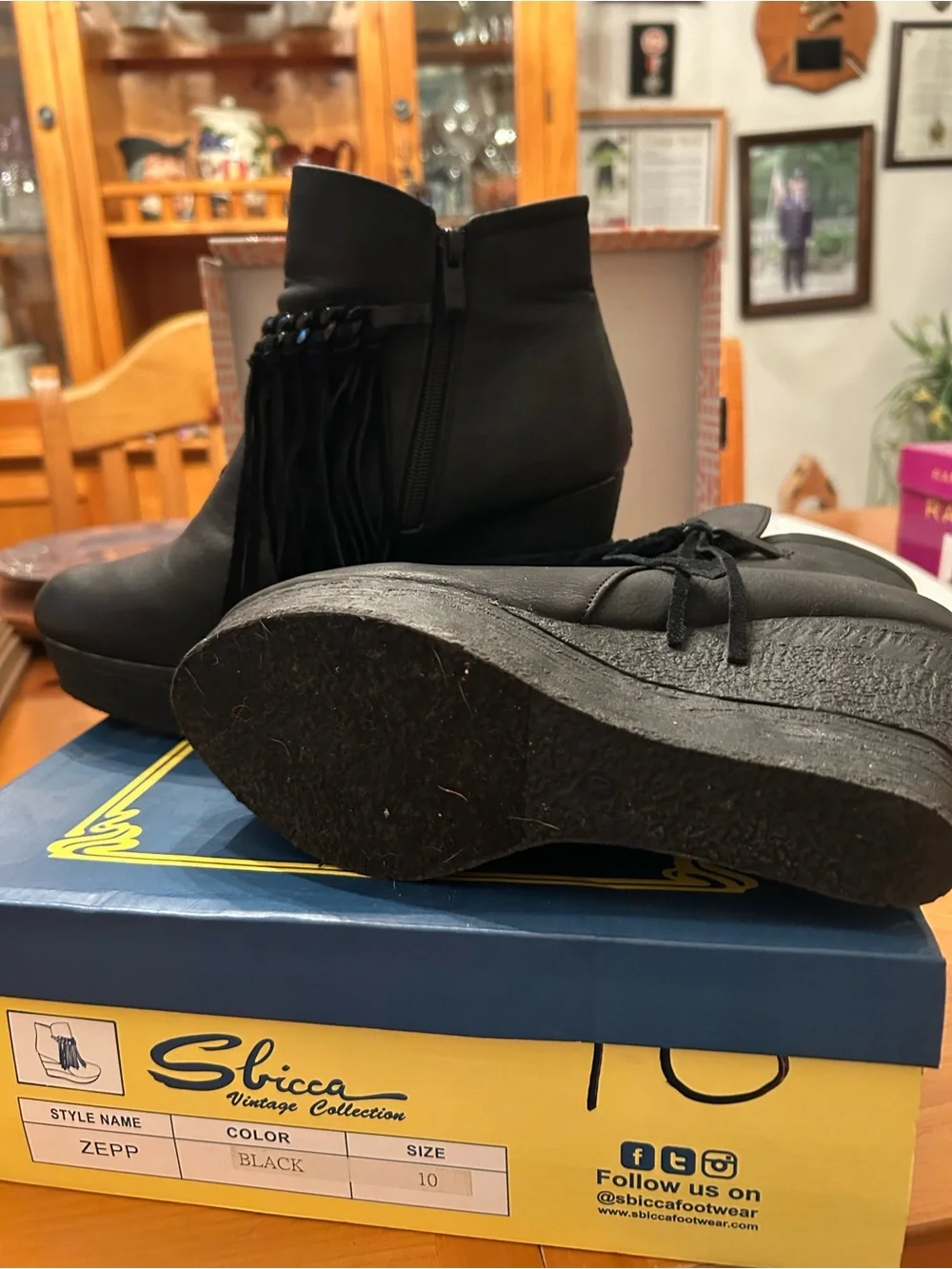 Sbicca Black Fringe Platform Wedge Ankle Boot